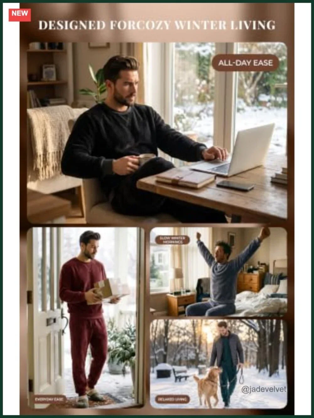 Men's Fleece Pajama Set Soft Plush Long Sleeve Sleepwear Crew Neck Pjs Winter